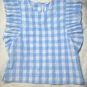 English Factory Blue and White Ruffled Flutter Sleeve Blouse